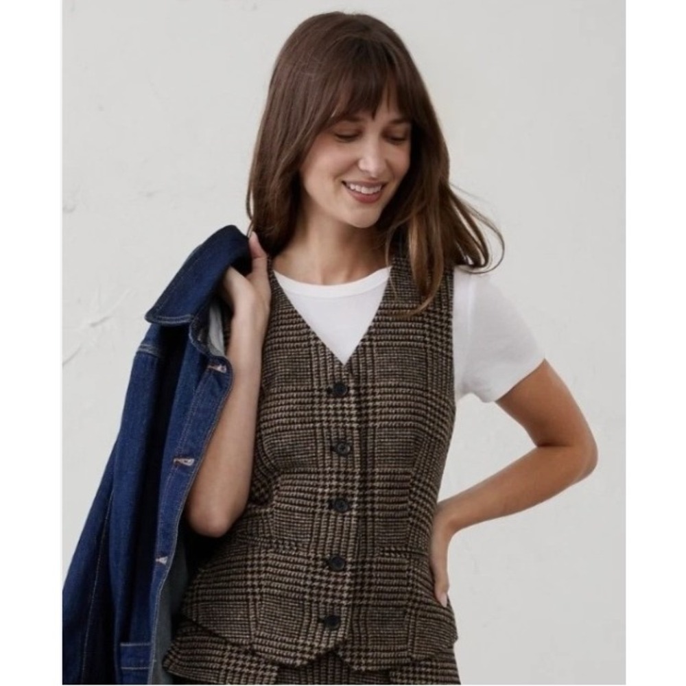 Banana Republic 2-Piece Skirt Suit Brown Houndstooth Vest Wool Office Twee 4
